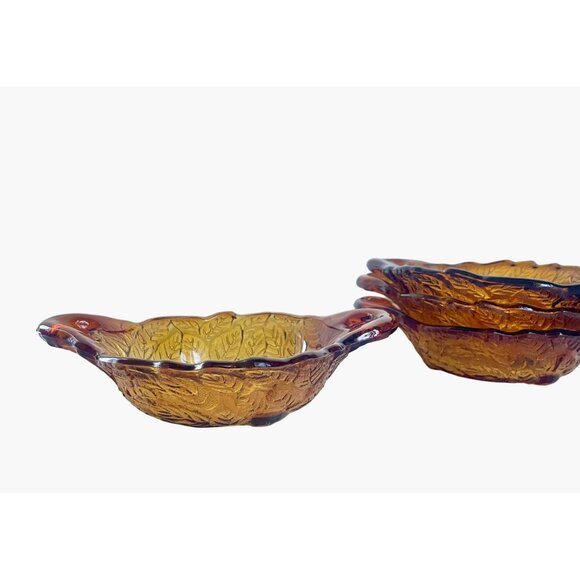 Vintage 70s Tiara Glass Dark Amber Burnt Honey Sweet Pear Bowls Dishes set of 4 - Picture 2 of 9